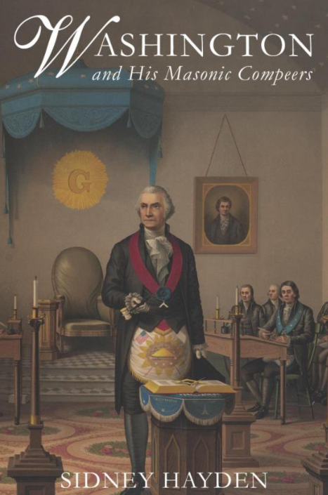 This is a colored illustration of George Washington standing in a room surrounded by various Masonic items